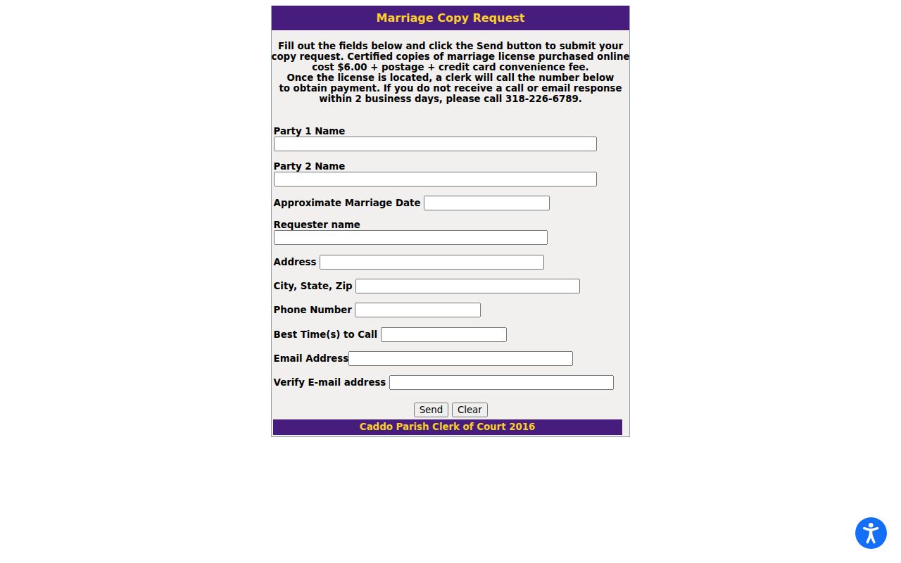 Caddo Parish marriage copy request for Shreveport resident research