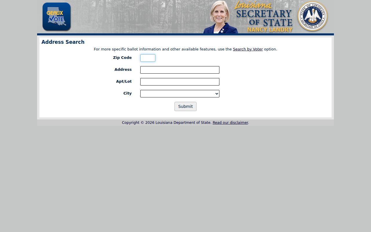 Louisiana GeauxVote address fields for a Shreveport resident lookup