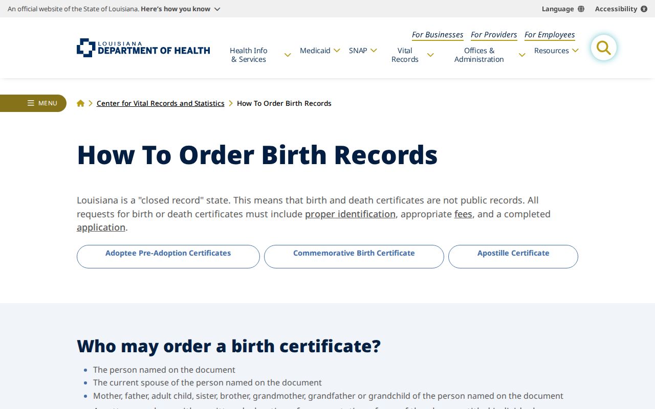 Louisiana birth certificate guidance for Shreveport resident records